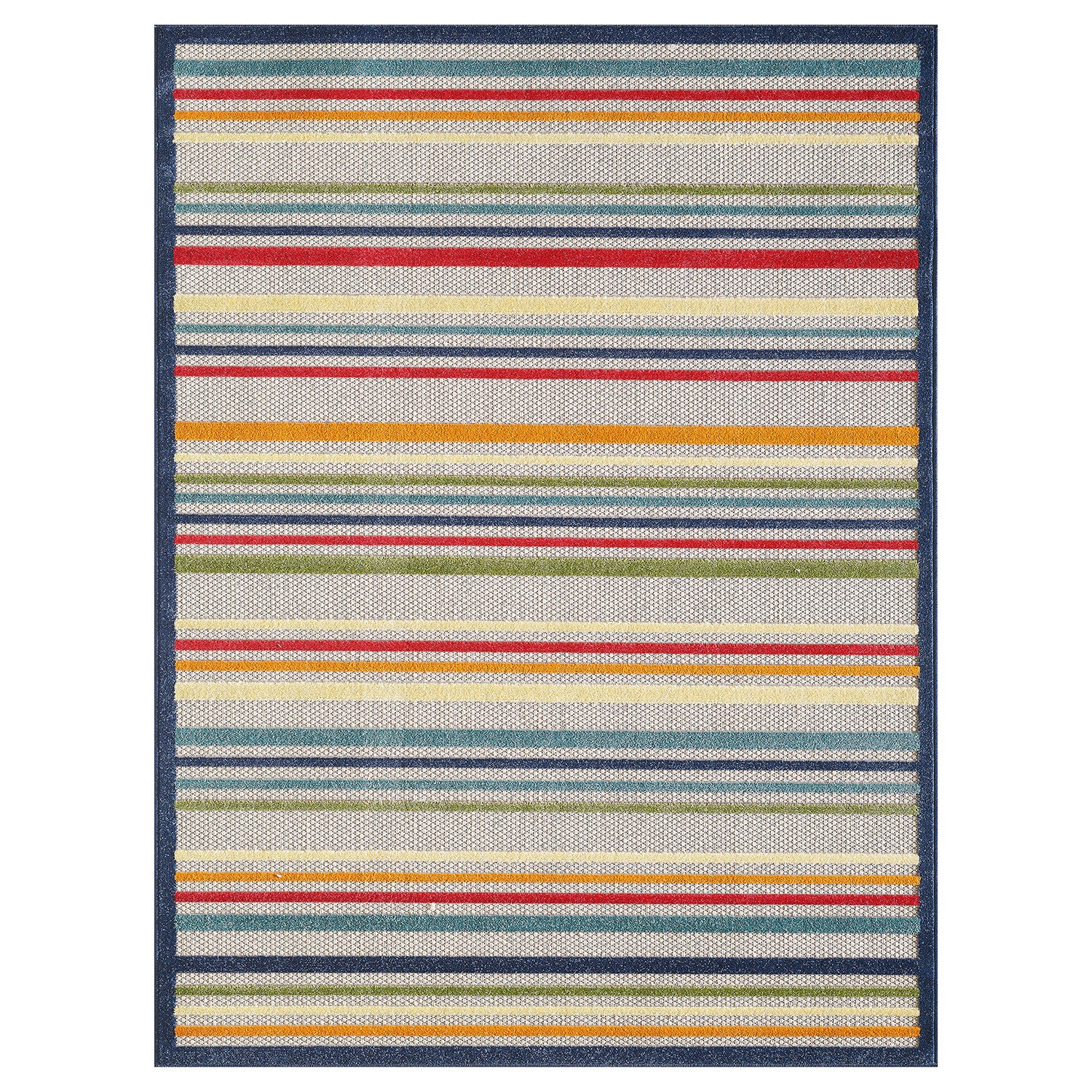 HomeRoots Ivory UV-Treated Polypropylene 5’ x 7’ Navy Colorful Striped Indoor Outdoor Area Rug
