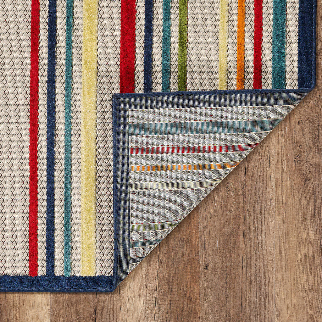 HomeRoots Ivory UV-Treated Polypropylene 5’ x 7’ Navy Colorful Striped Indoor Outdoor Area Rug