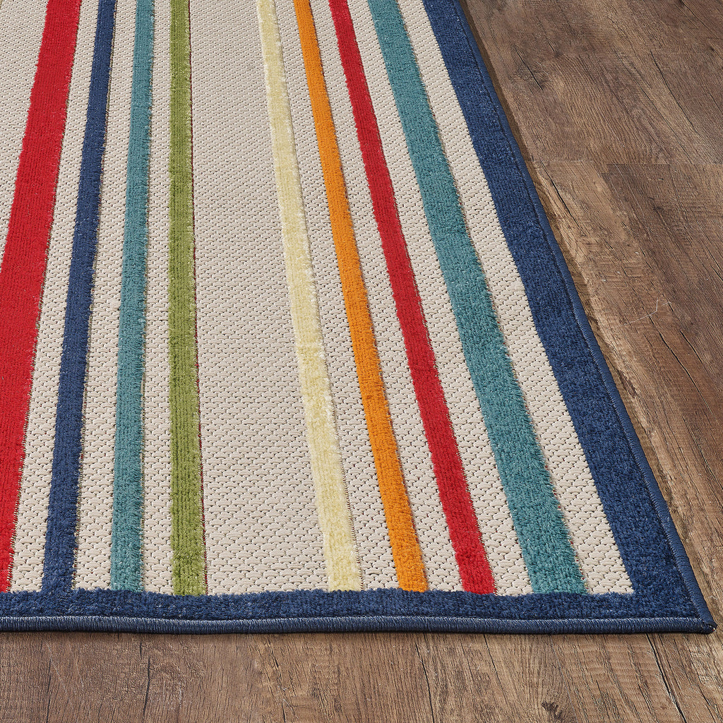 HomeRoots Ivory UV-Treated Polypropylene 5’ x 7’ Navy Colorful Striped Indoor Outdoor Area Rug