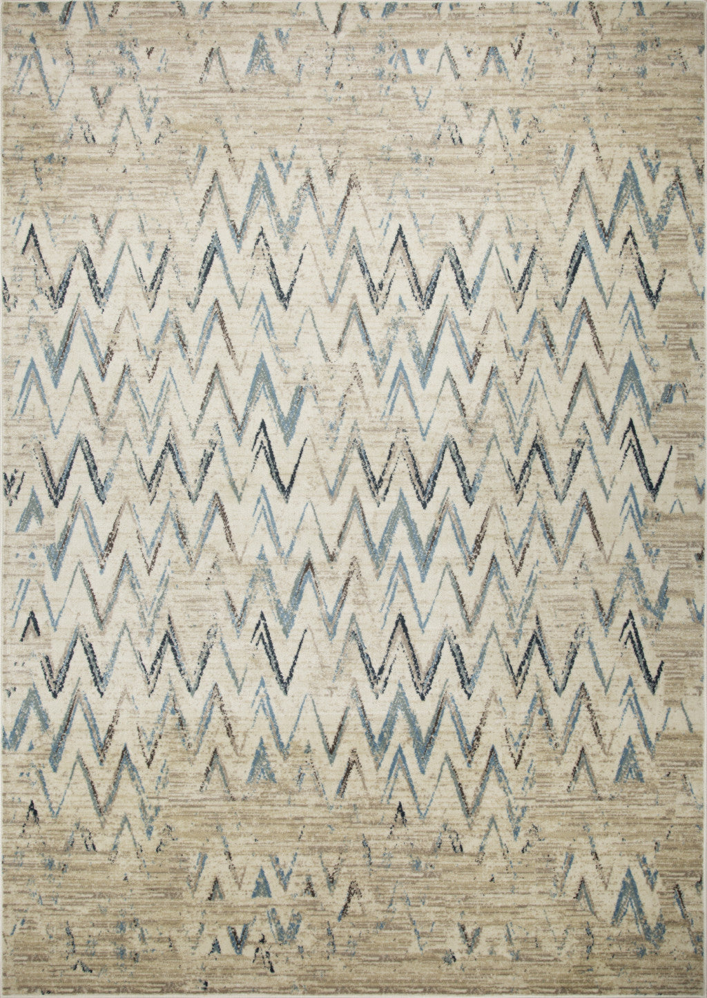 HomeRoots Ivory Heat-Set Polypropelene 5’ x 8’ Beige Blue Distressed Chevron Area Rug