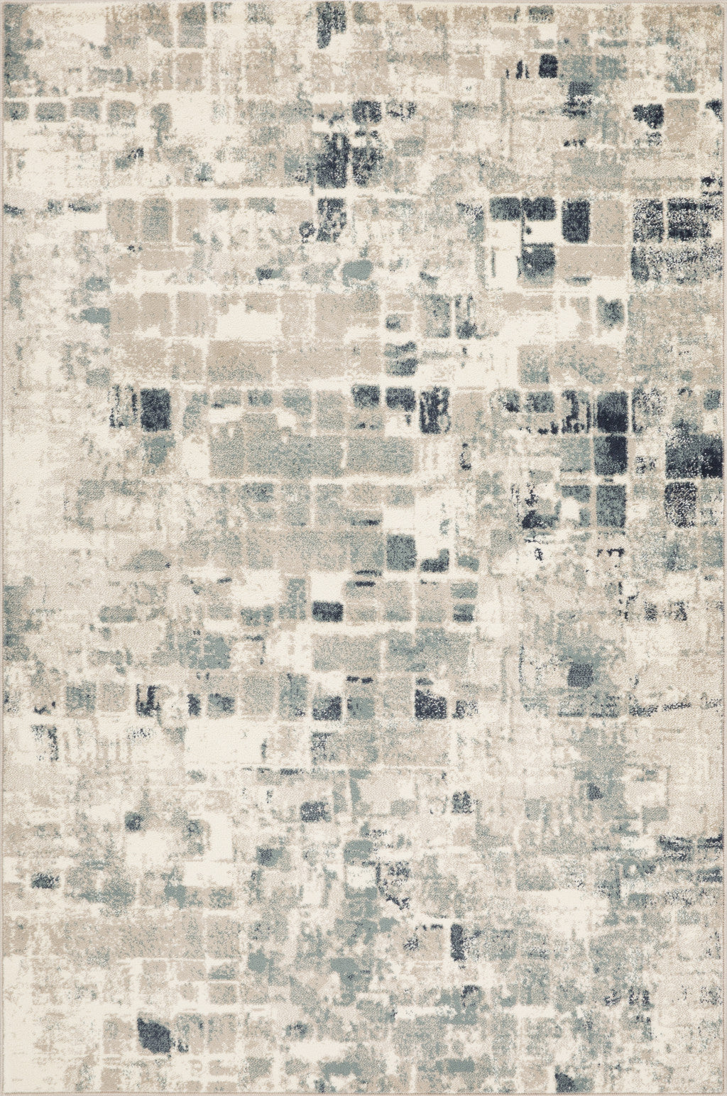 HomeRoots Beige/Blue Heat-Set Polypropelene 3’ x 5’ Beige Blue Abstract Tiles Distressed Area Rug