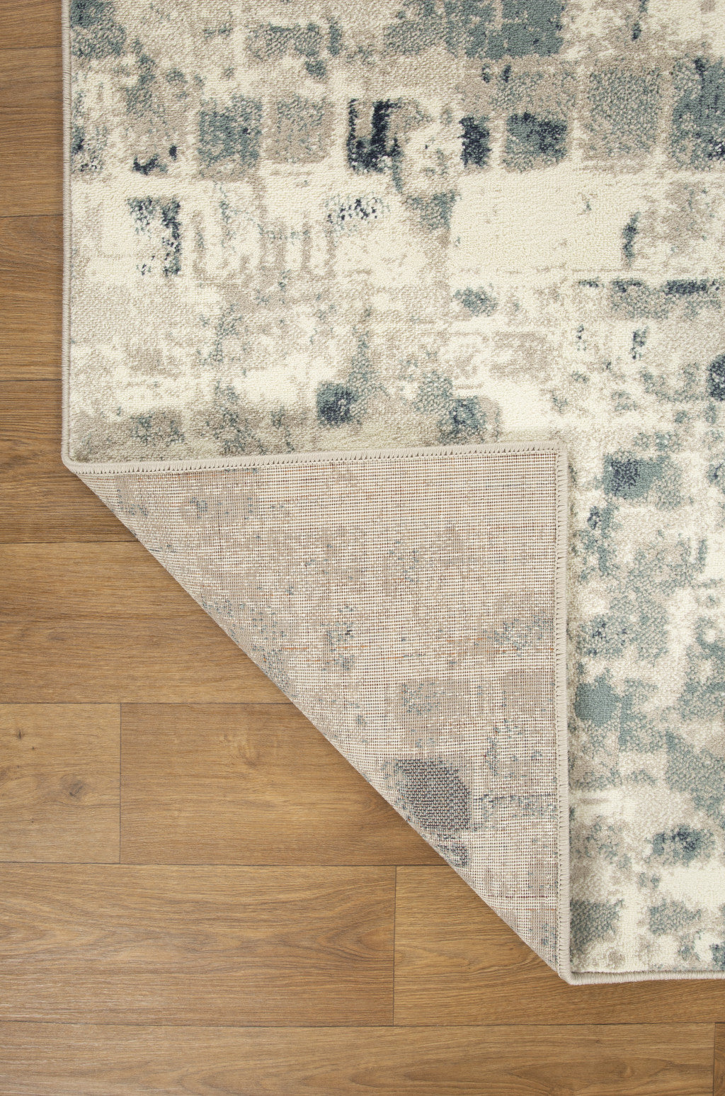 HomeRoots Beige/Blue Heat-Set Polypropelene 8’ x 11’ Beige Blue Abstract Tiles Distressed Area Rug
