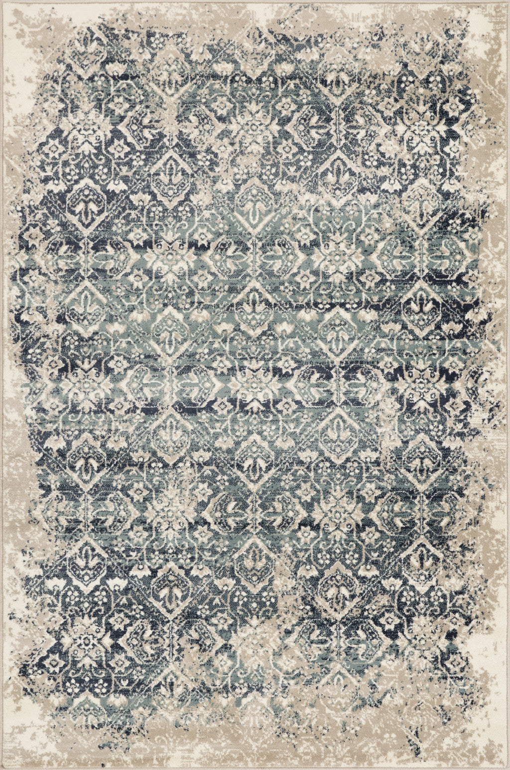 HomeRoots Ivory/Blue Heat-Set Polypropelene 3’ x 5’ Beige Blue Distressed Diamonds Area Rug