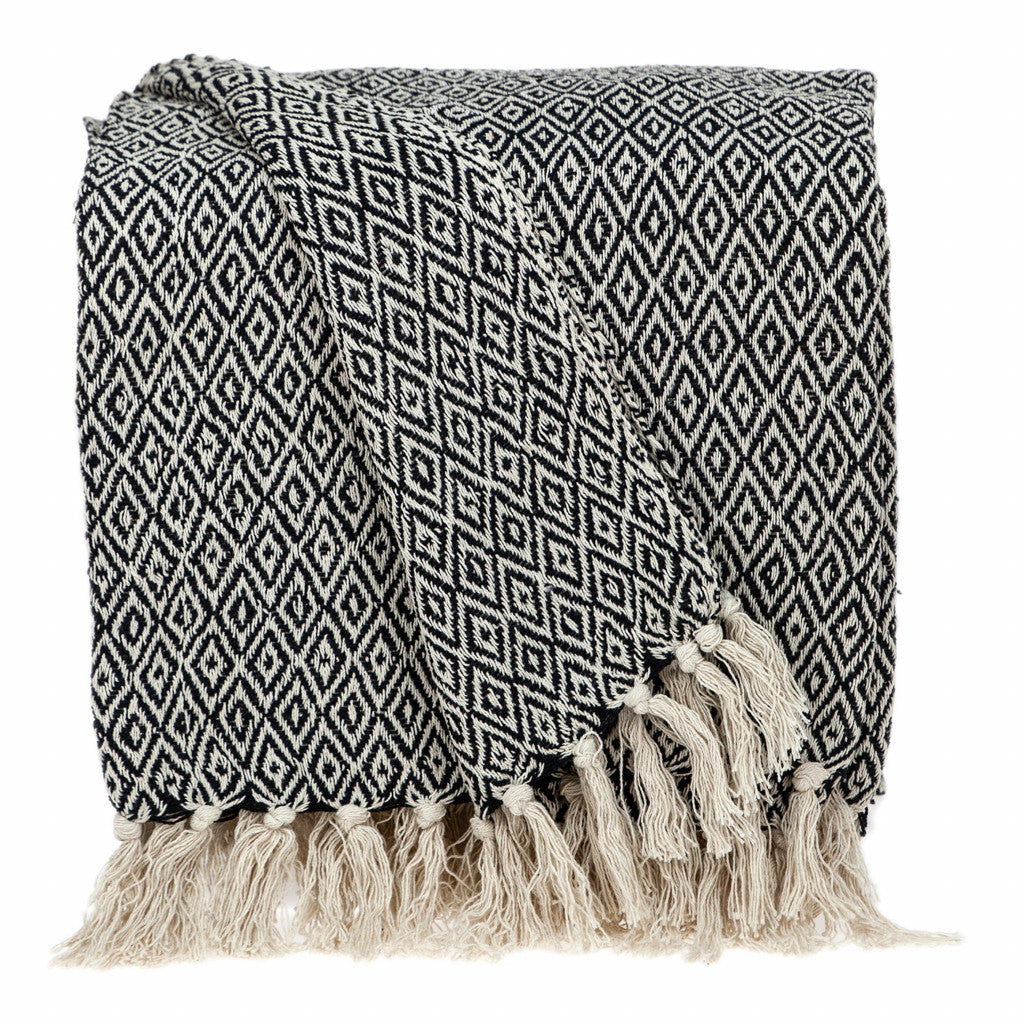 HomeRoots Cotton Boho Black and Beige Woven Diamond Pattern Throw with Tassels