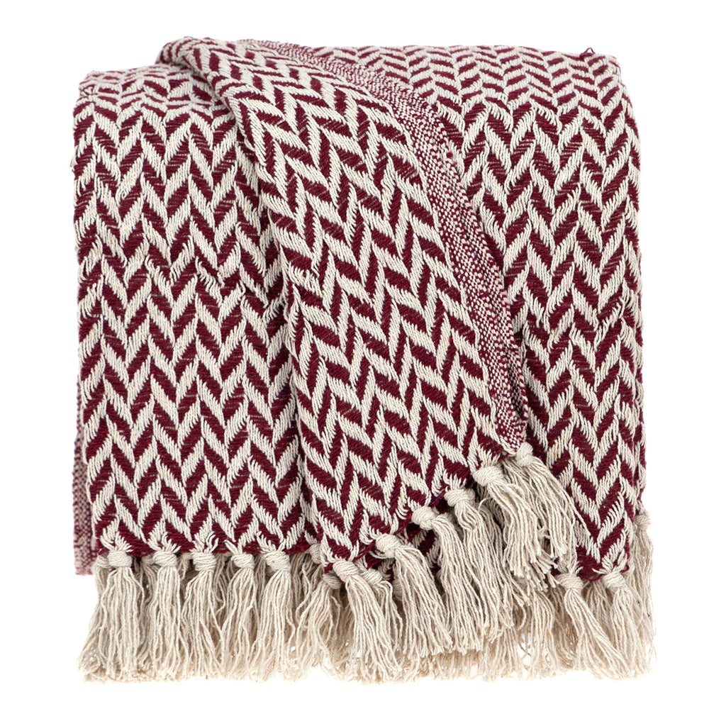 HomeRoots Cotton Burgundy Handloom Herringbone Weave with Tassels
