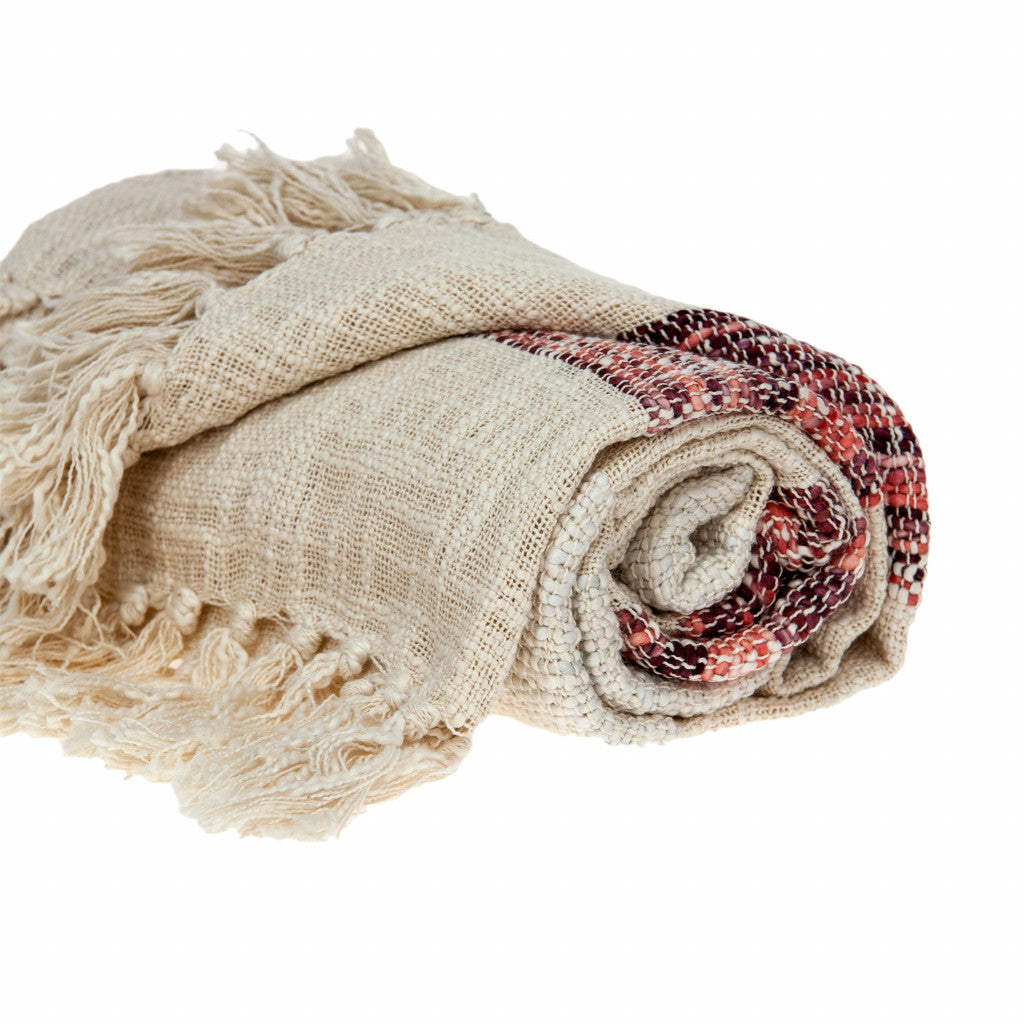 HomeRoots 100% Cotton Beige and Shades of Pink Strips Woven Handloom Throw Blanket