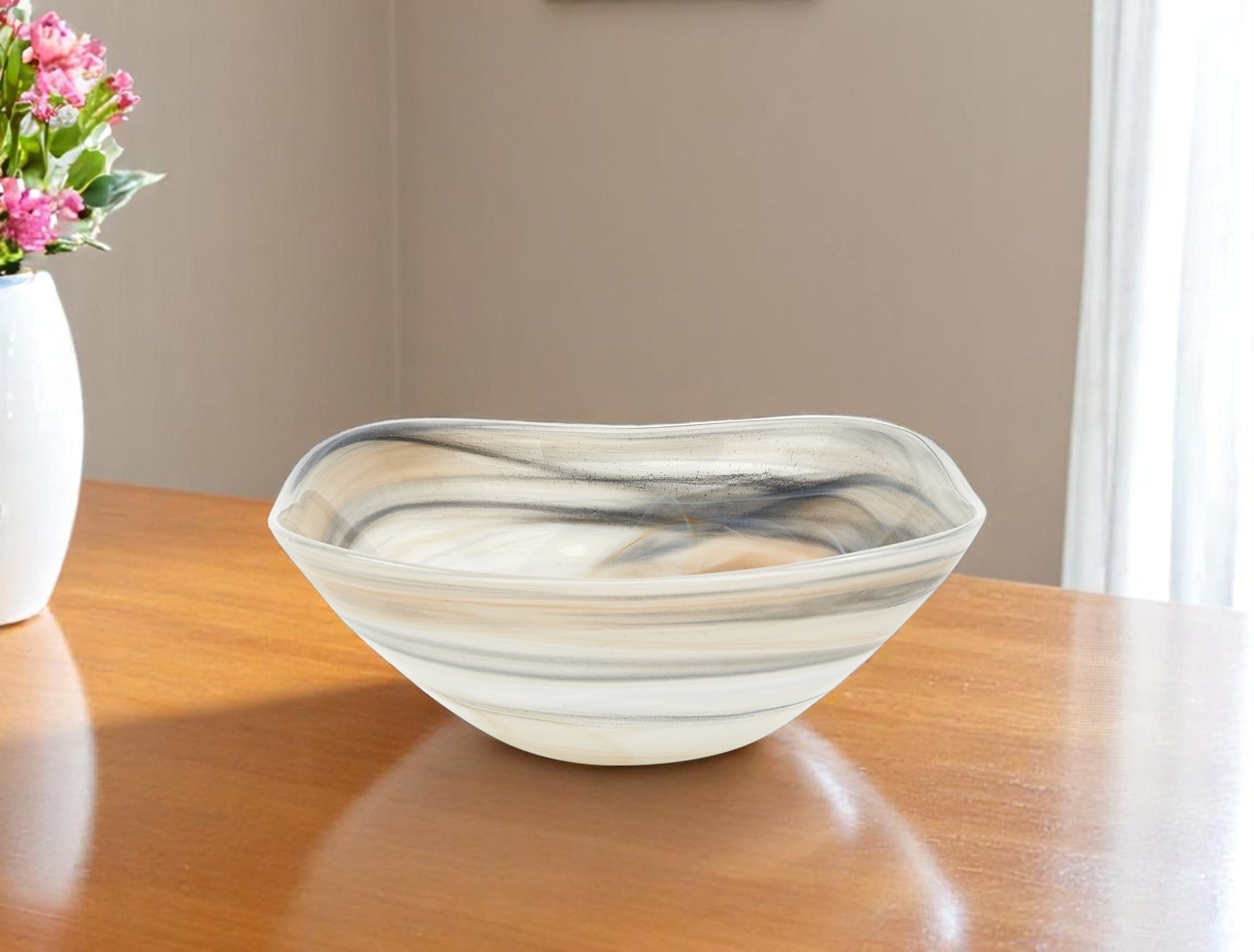 10 Gray Taupe And White Alabaster Glass Square Salad Bowl
