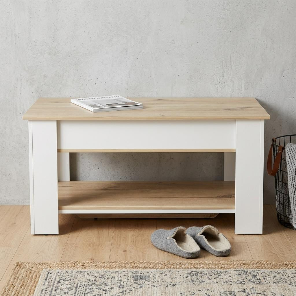 40 Natural and White Wood Storage Bench With Flip Top Shoe Storage And Shelves