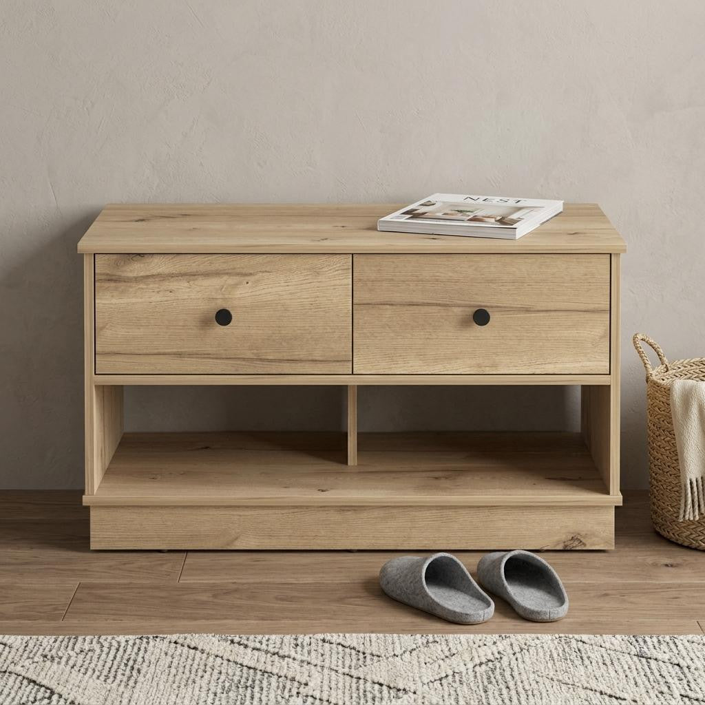 36 Natural and Oak Wood Storage Bench With Drawers Shoe Storage And Shelves