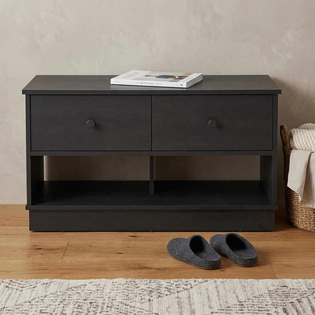 36 Inch Black Wood Storage Bench With Drawers And Shelves