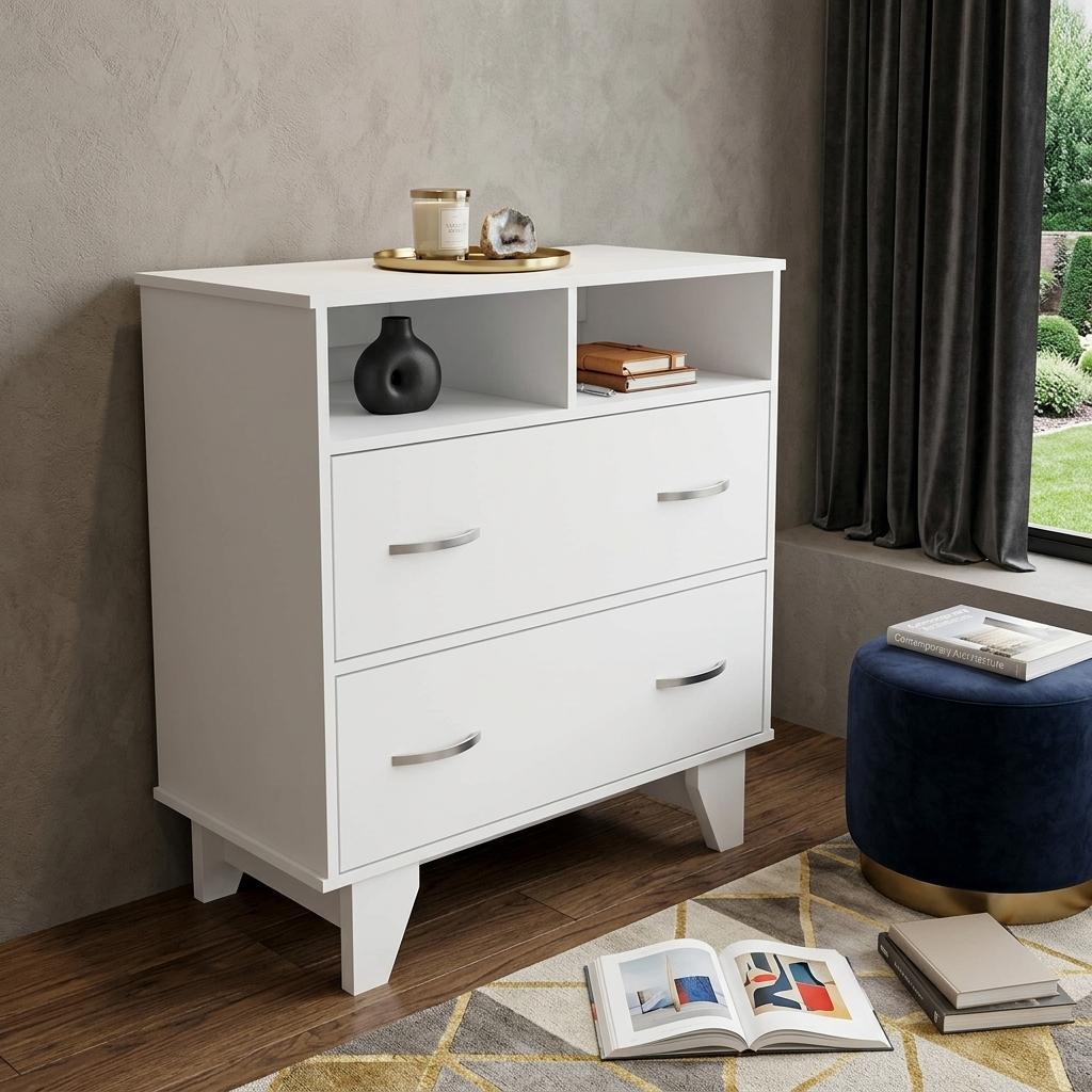 32 Inch White Wood Two Drawer Dresser