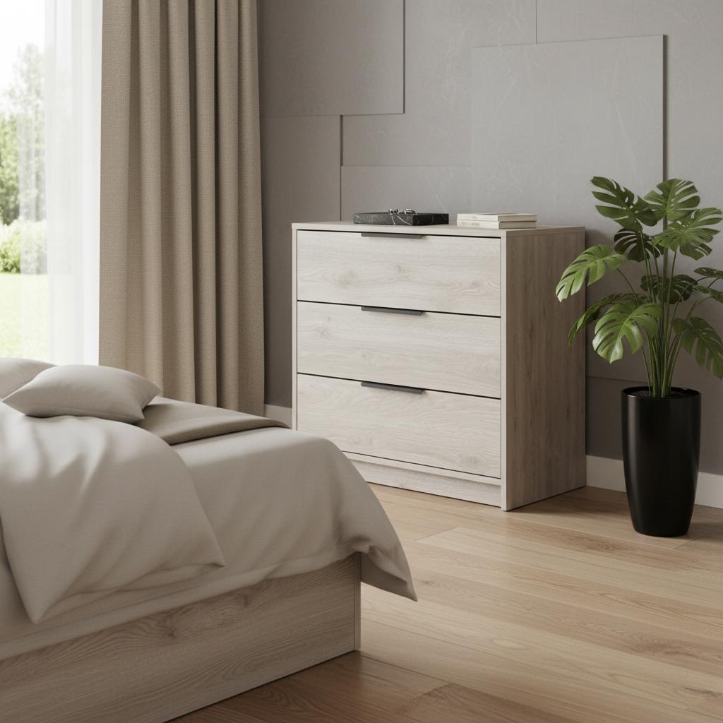 28 Light Gray Wood Three Drawer Dresser