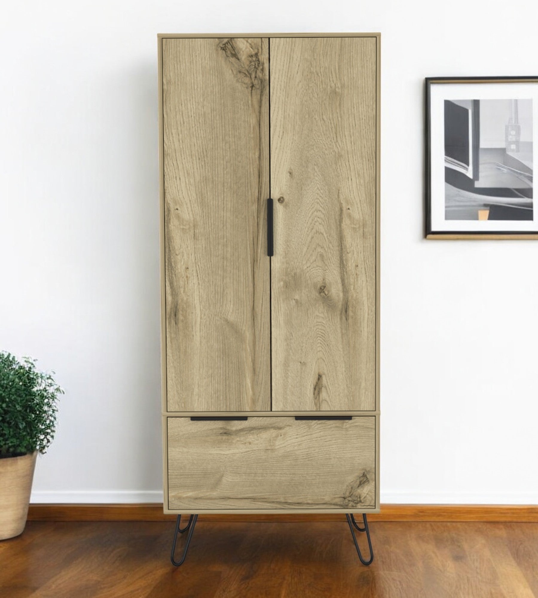 74 Oak Wood Two Door Single Drawer Combo Dresser