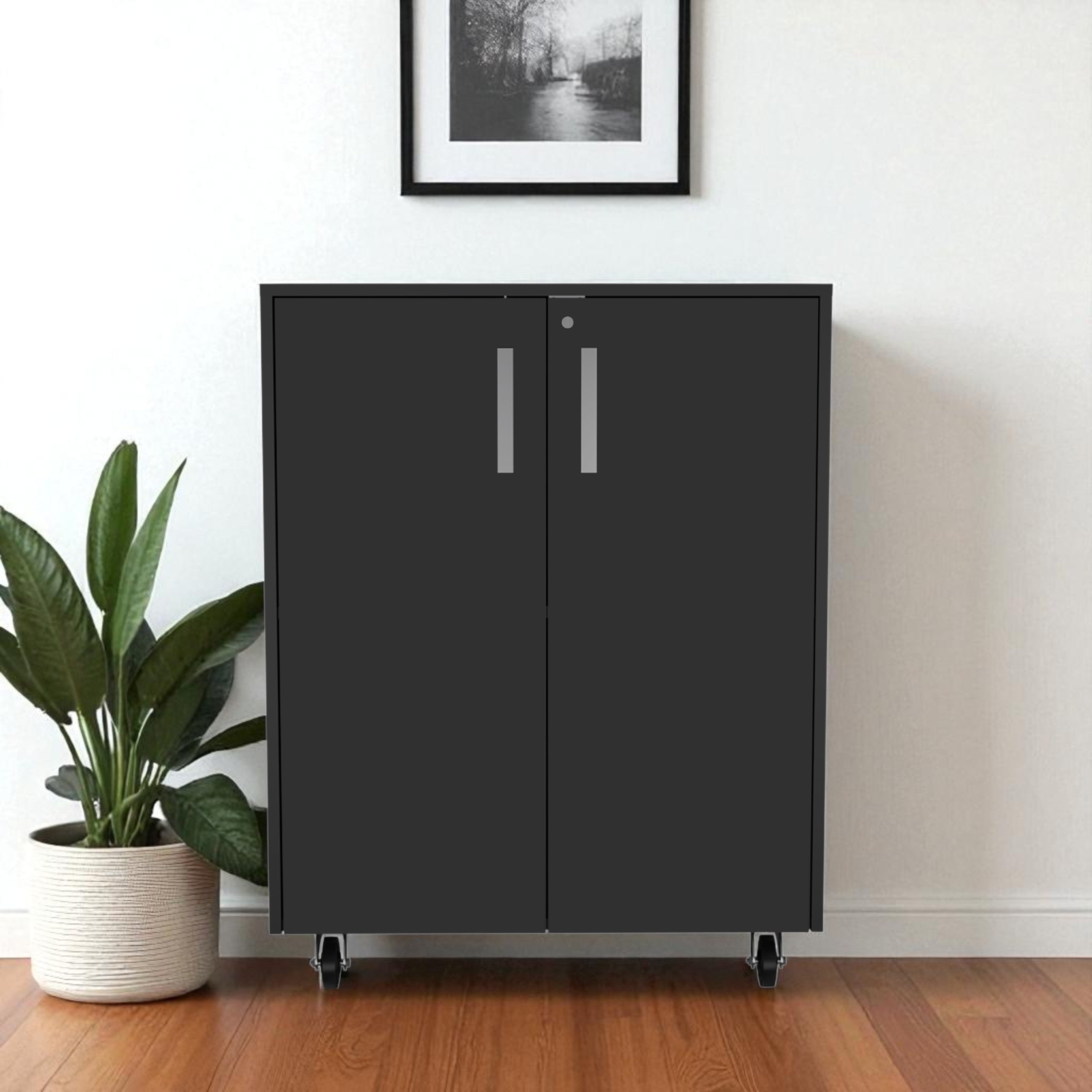 35 Black Wood Rolling Storage Cabinet With Two Doors