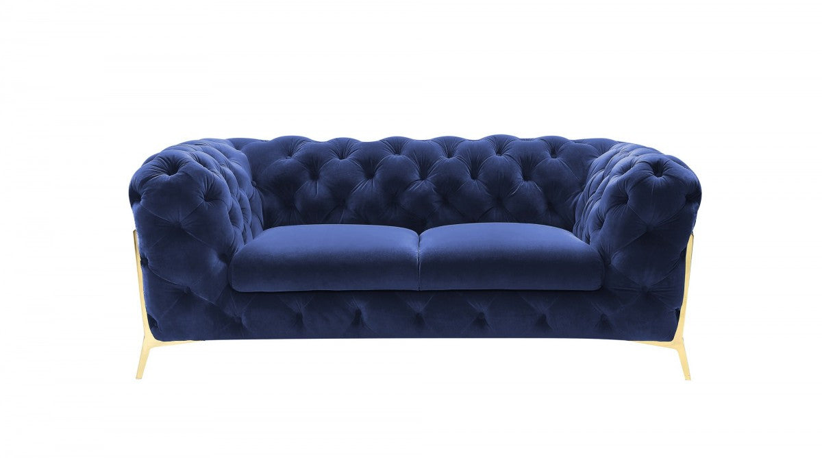 Glam  74'' Blue Velvet And Gold Loveseat