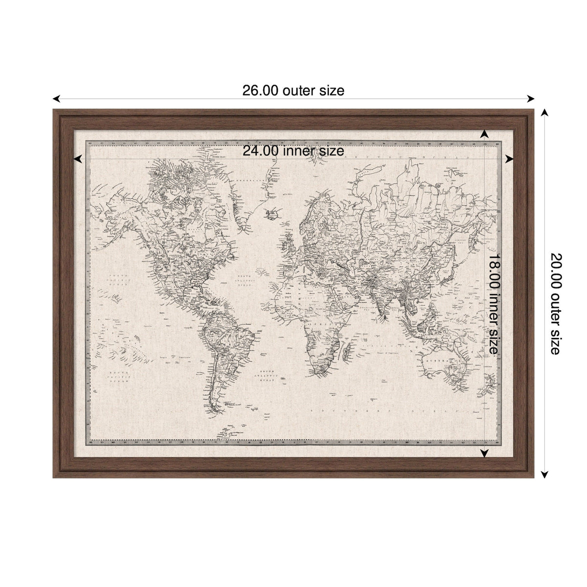 Framed Fabric Pinboard Vintage Black and White Linen World Map Wall Organization