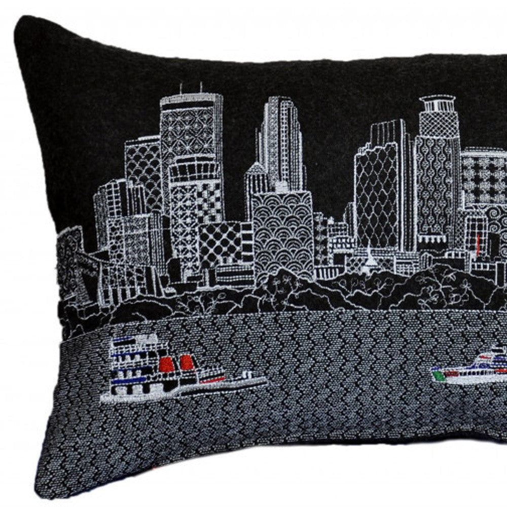 HomeRoots Grey 24' Black Minneapolis Nighttime Skyline Lumbar Decorative Pillow