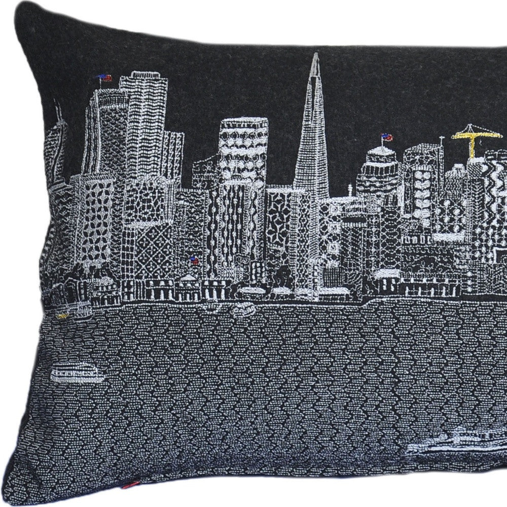 HomeRoots Grey 24' Black San Francisco Nighttime Skyline Lumbar Decorative Pillow
