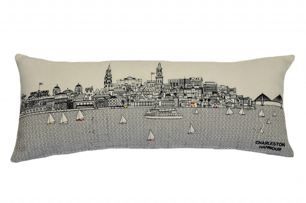 HomeRoots Cream 35' White Charleston Daylight Skyline Lumbar Decorative Pillow