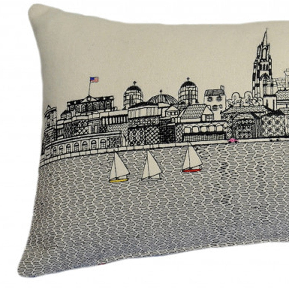 HomeRoots Cream 35' White Charleston Daylight Skyline Lumbar Decorative Pillow
