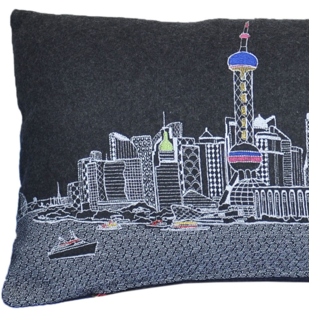 HomeRoots Grey 35' Black Shanghai Nighttime Skyline Lumbar Decorative Pillow