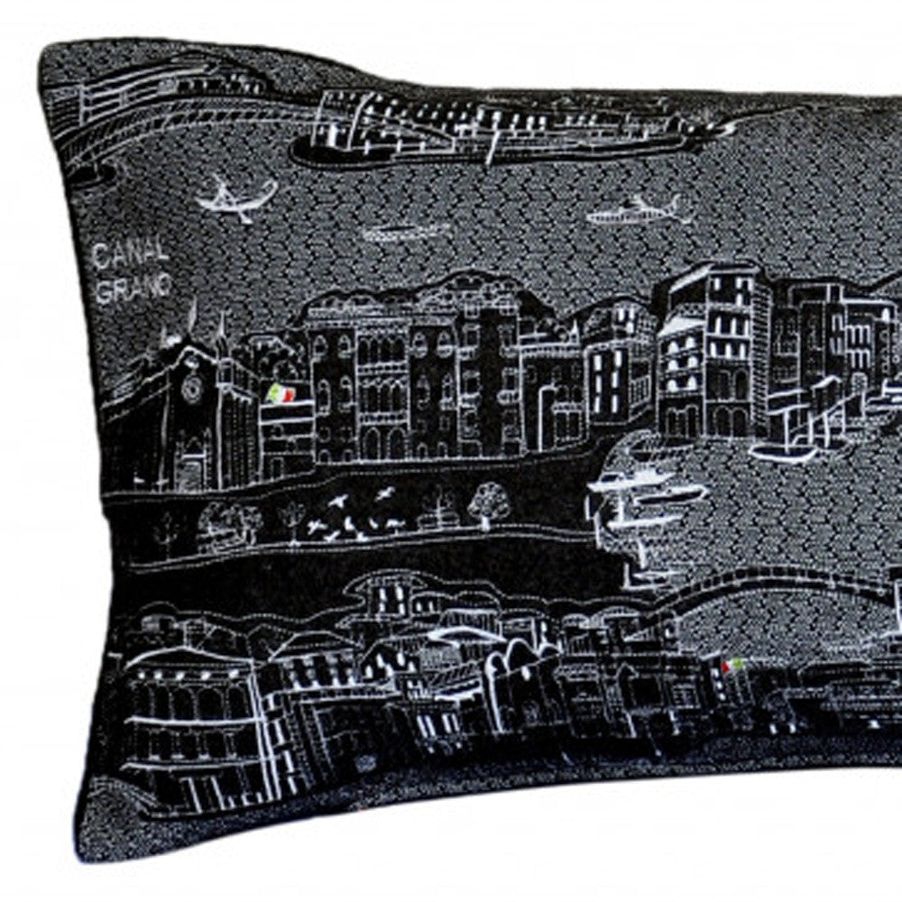 HomeRoots Grey 35' Black Venice Nighttime Skyline Lumbar Decorative Pillow