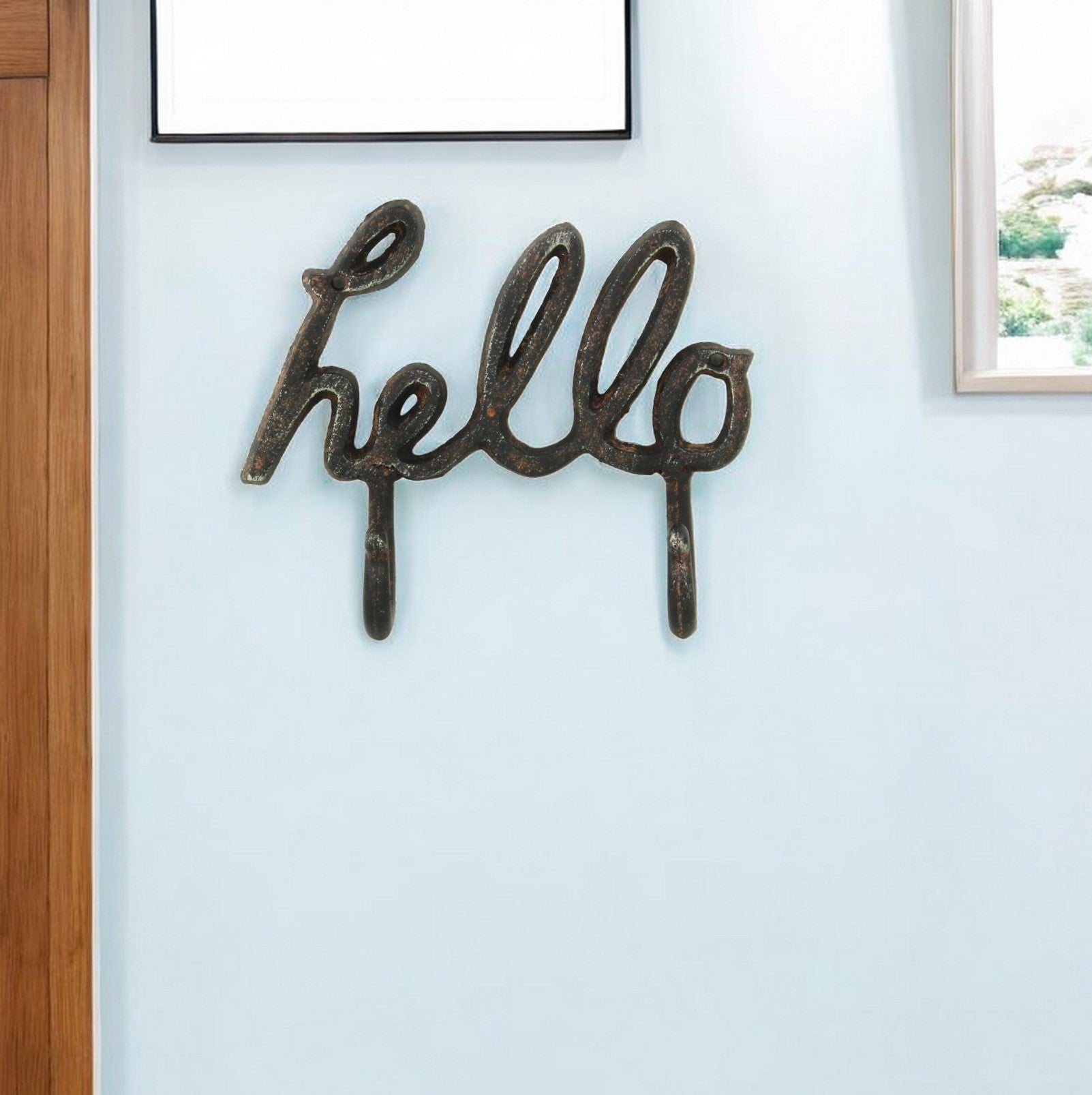 7 X 7 Black Handcrafted Hello Metal With Hooks