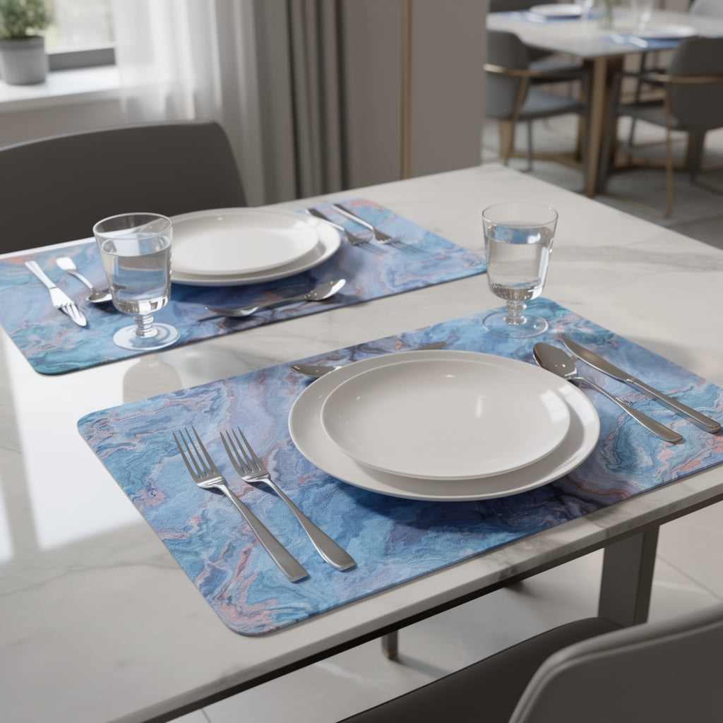 18 Set of Two Blue Abstract Faux Marble Cork Placemats