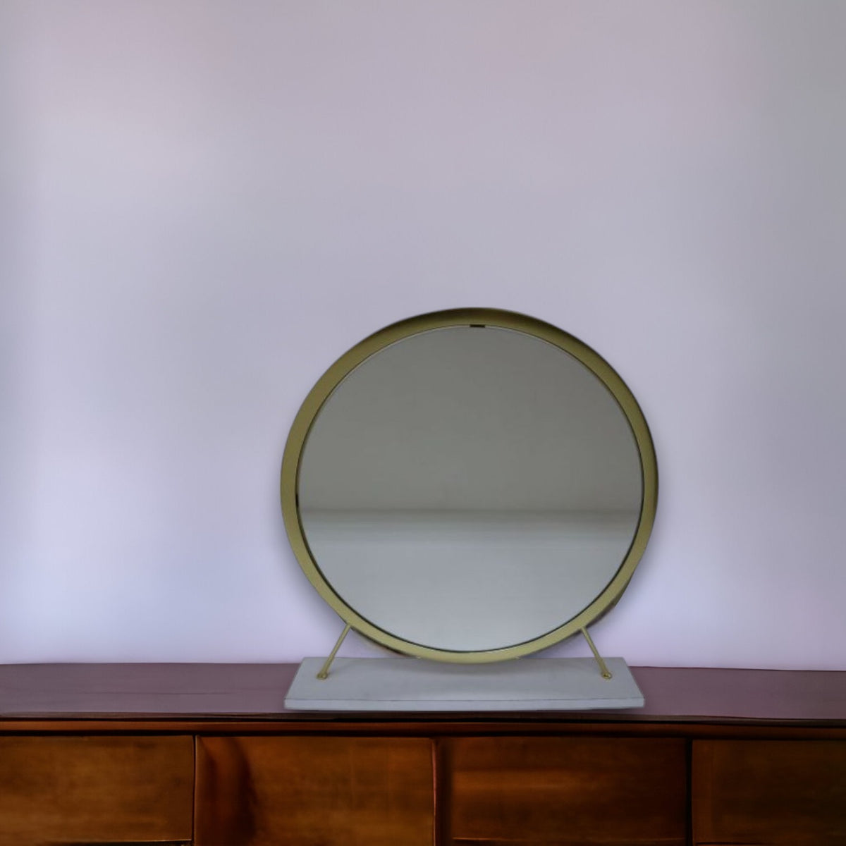 19'' Faux Fur, Mirror, White & Brass Finish Round Makeup Shaving Tabletop Mirror