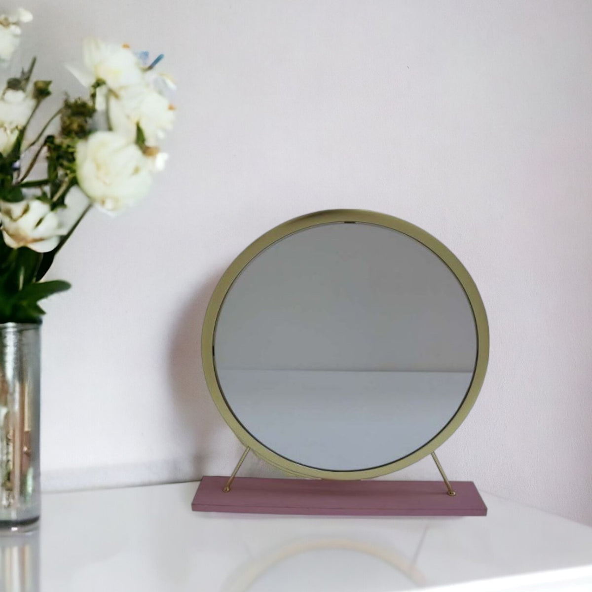 19'' Faux Fur, Mirror, Pink & Gold Finish Round Makeup Shaving Tabletop Mirror