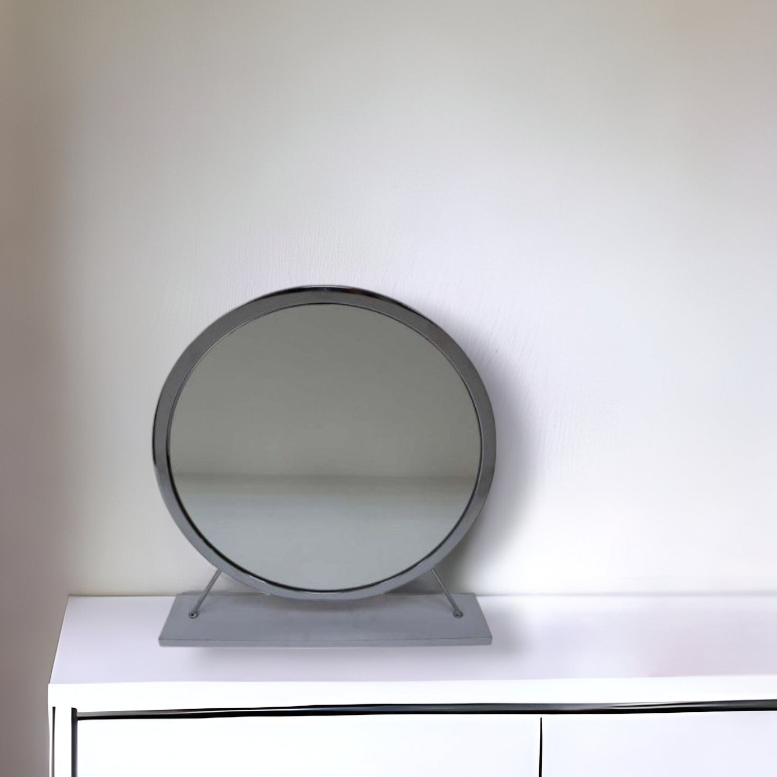 19'' Faux Fur, Mirror, White & Chrome Finish Round Makeup Shaving Tabletop Mirror