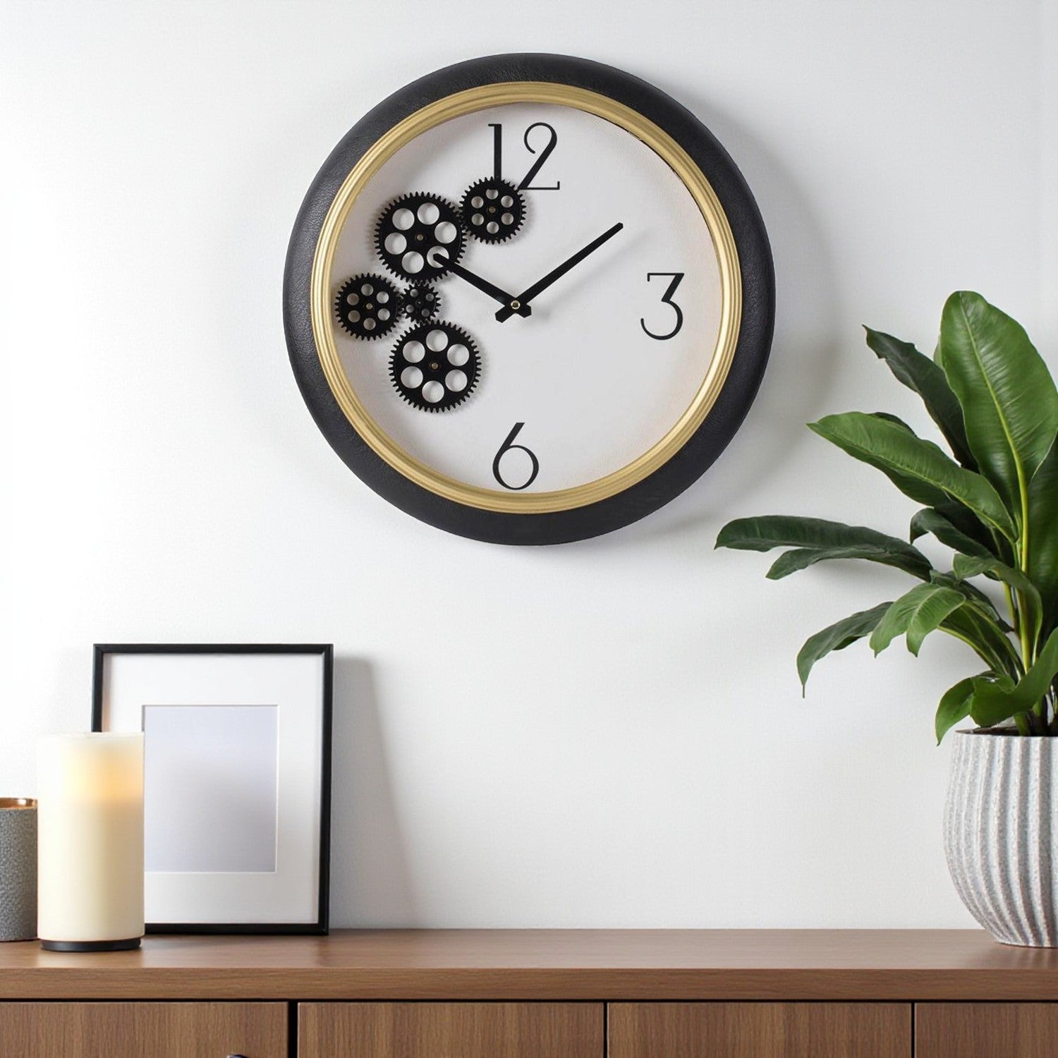 16 Black Gold And White Faux Leather And Iron Analog Exposed Gear Round Wall Clock