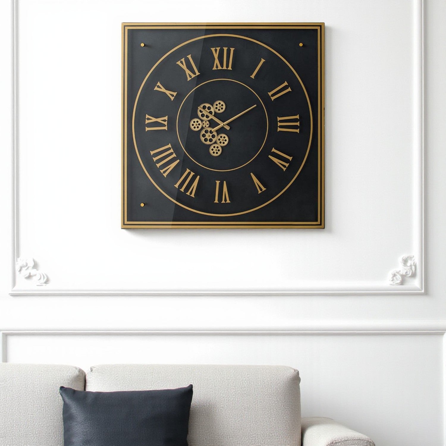 35 Black And Gold Glass And Metal Exposed Gear Square Wall Clock