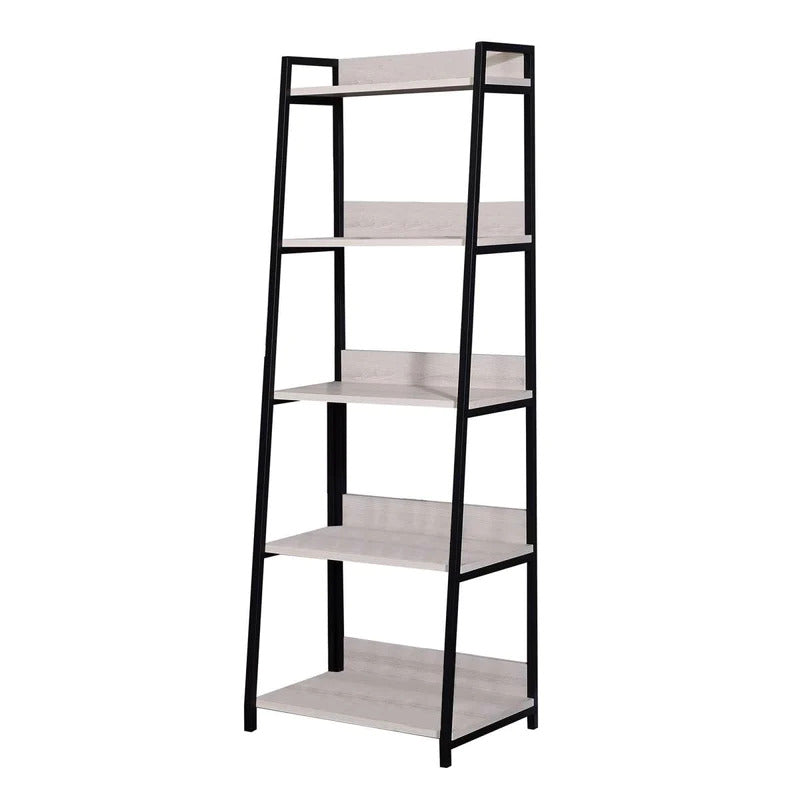 67'' Natural and Black Metal Five Tier Ladder Bookcase