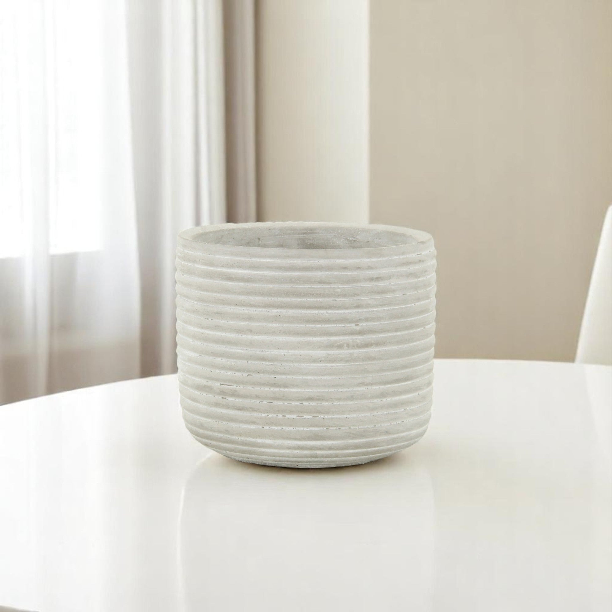 Light Gray Cement 39 Ounce Striped Round Distressed Pot Planter