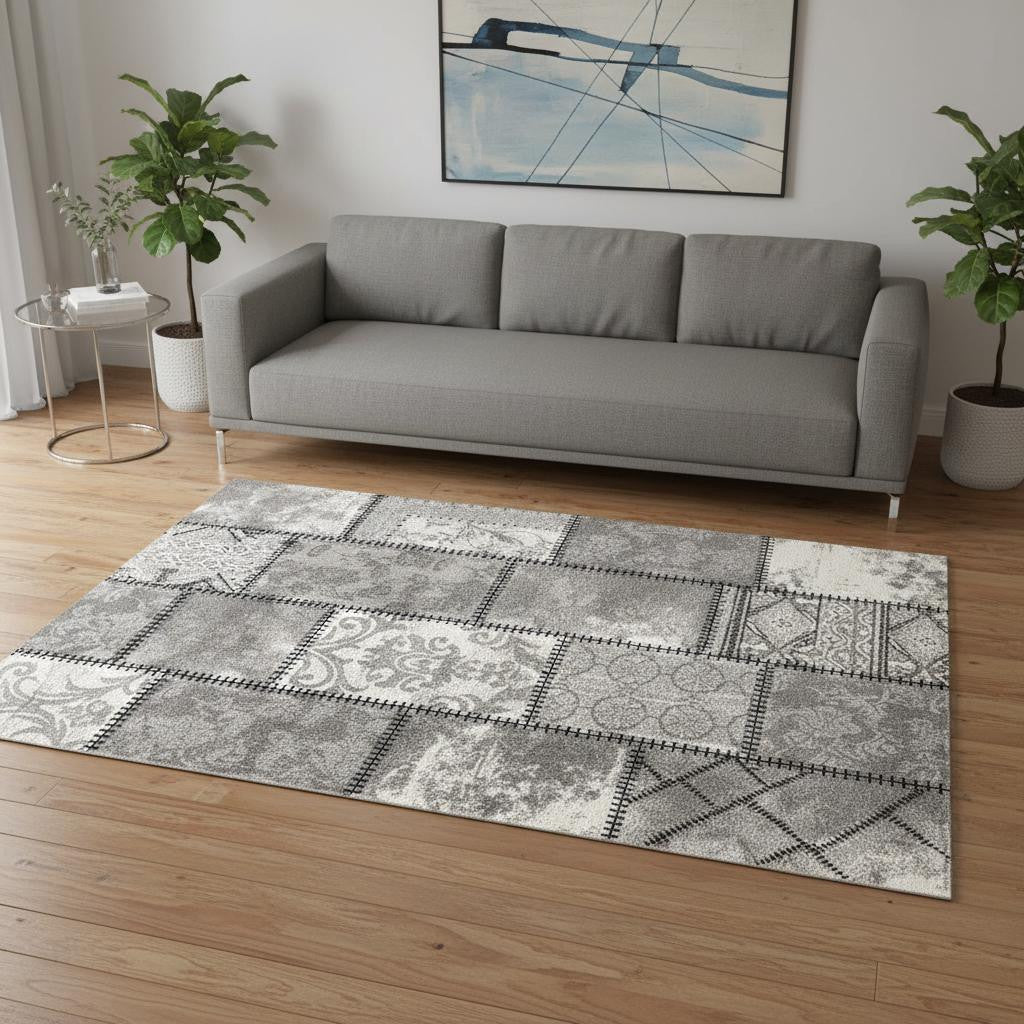 5 X 8 Gray and Ivory Damask Power Loom Area Rug