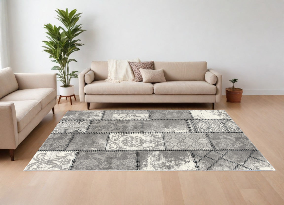 8 X 11 Gray and Ivory Damask Power Loom Area Rug
