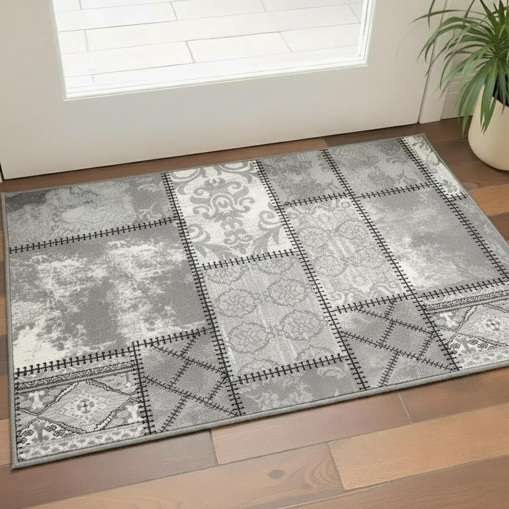 2 X 4 Gray and Ivory Damask Power Loom Area Rug
