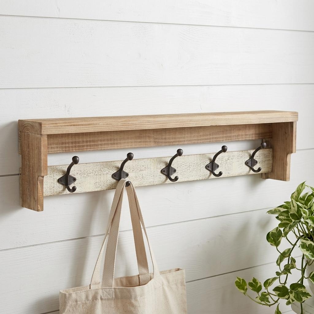 32 Natural Wood Five Hook Wall Mount Coat Rack
