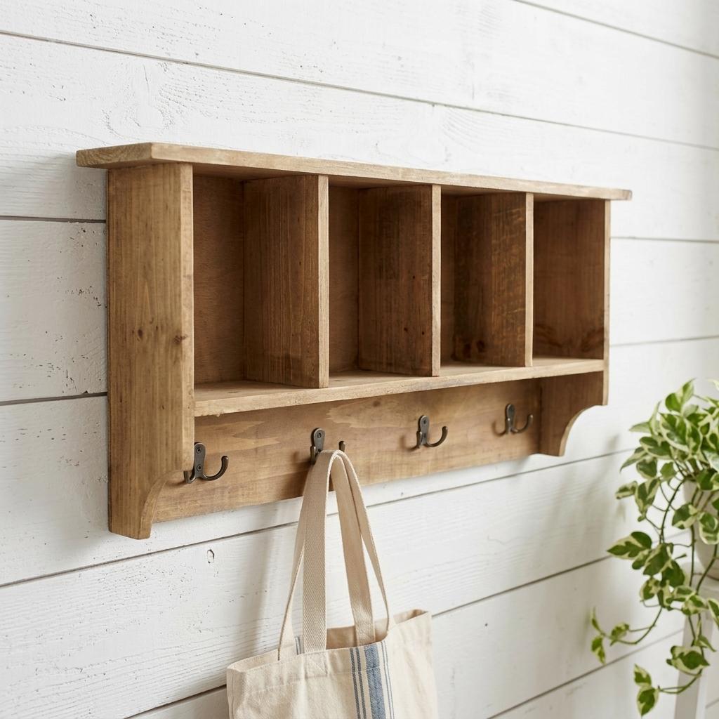 30 Natural Wood Four Hook Wall Mount Coat Rack