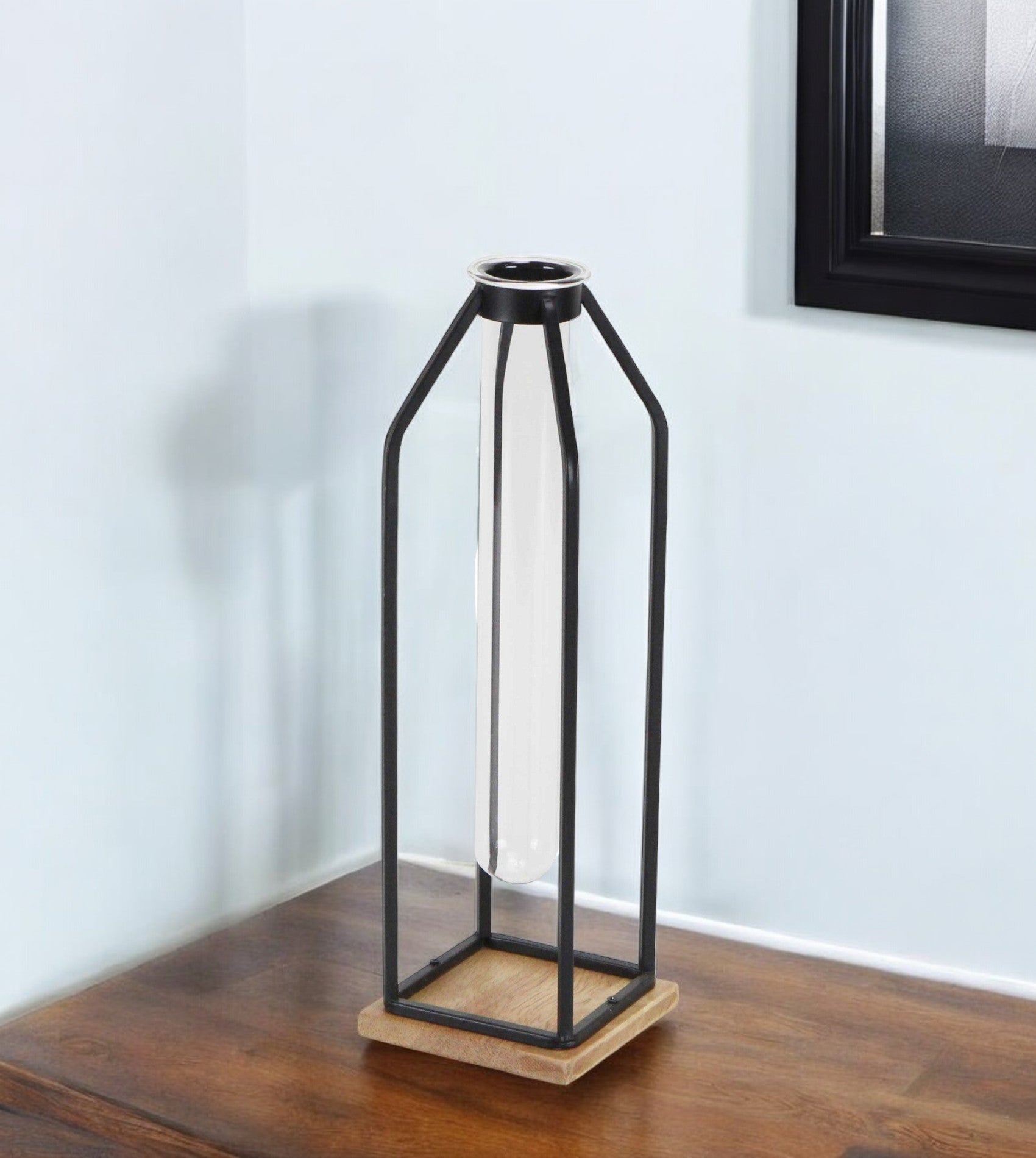 12 Black Clear And Natural Metal Glass And Wood Posy Test Tube Table Vase