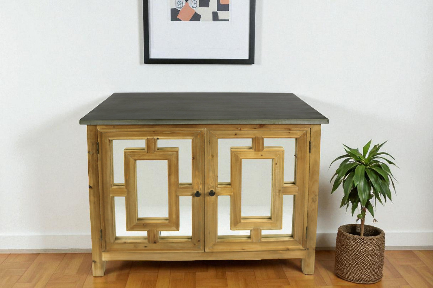 45 Brown And Gray Solid Wood Carved Geometric Sideboard with Two Doors