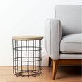 24 Natural and Black Solid Wood and Iron Round Frame End Table