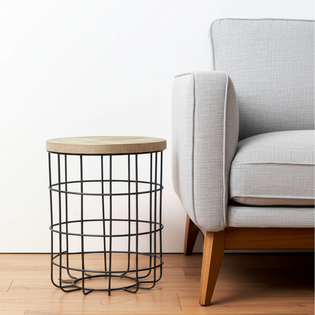 24 Natural and Black Solid Wood and Iron Round Frame End Table