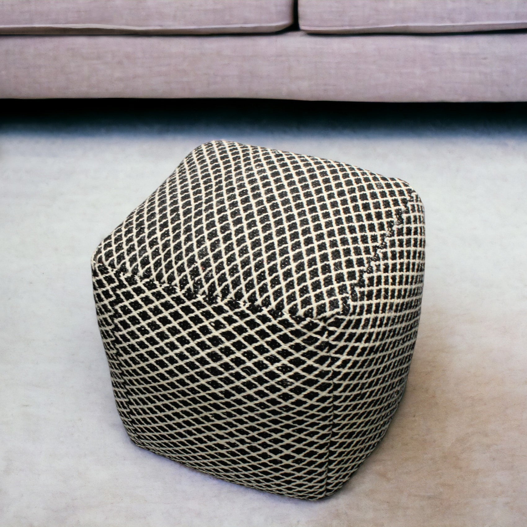 18 Black and Ivory Wool Cube Geometric Pouf Ottoman