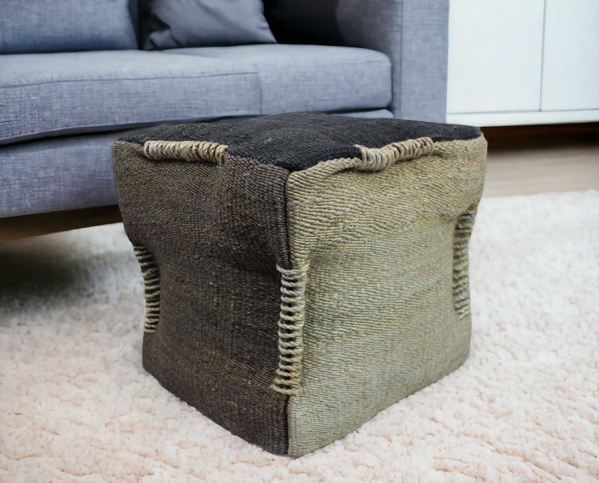 18 Black and Taupe Jute Cube Pouf Ottoman