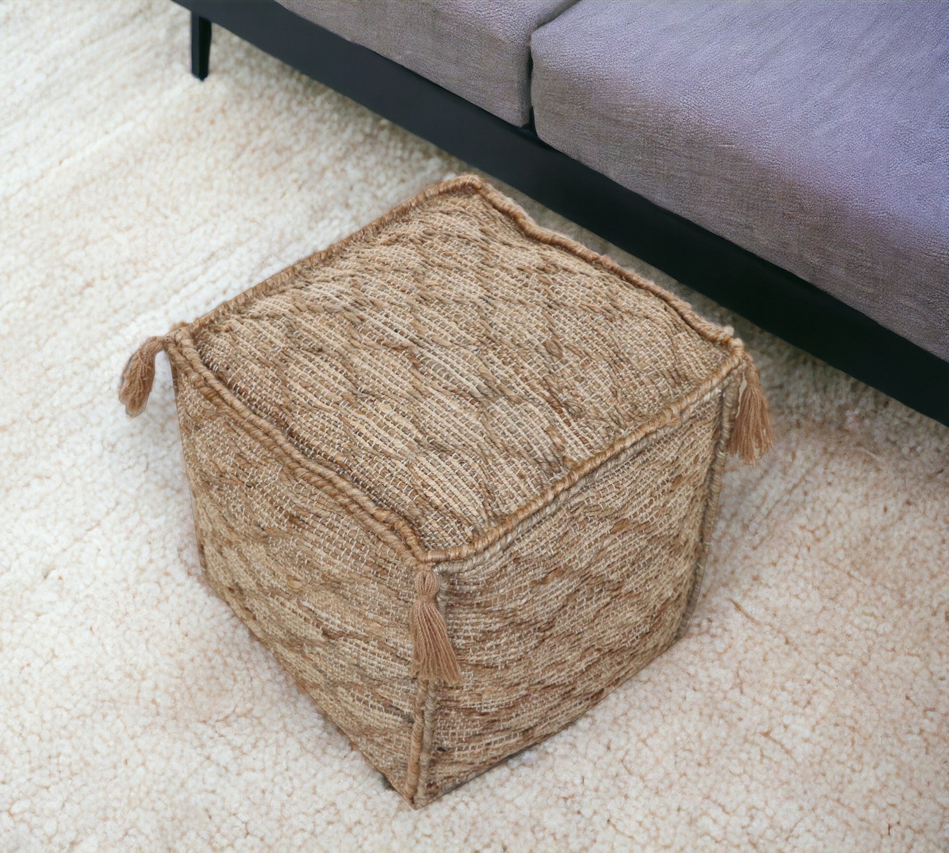 18 Brown Jute Cube Trellis Pouf Ottoman