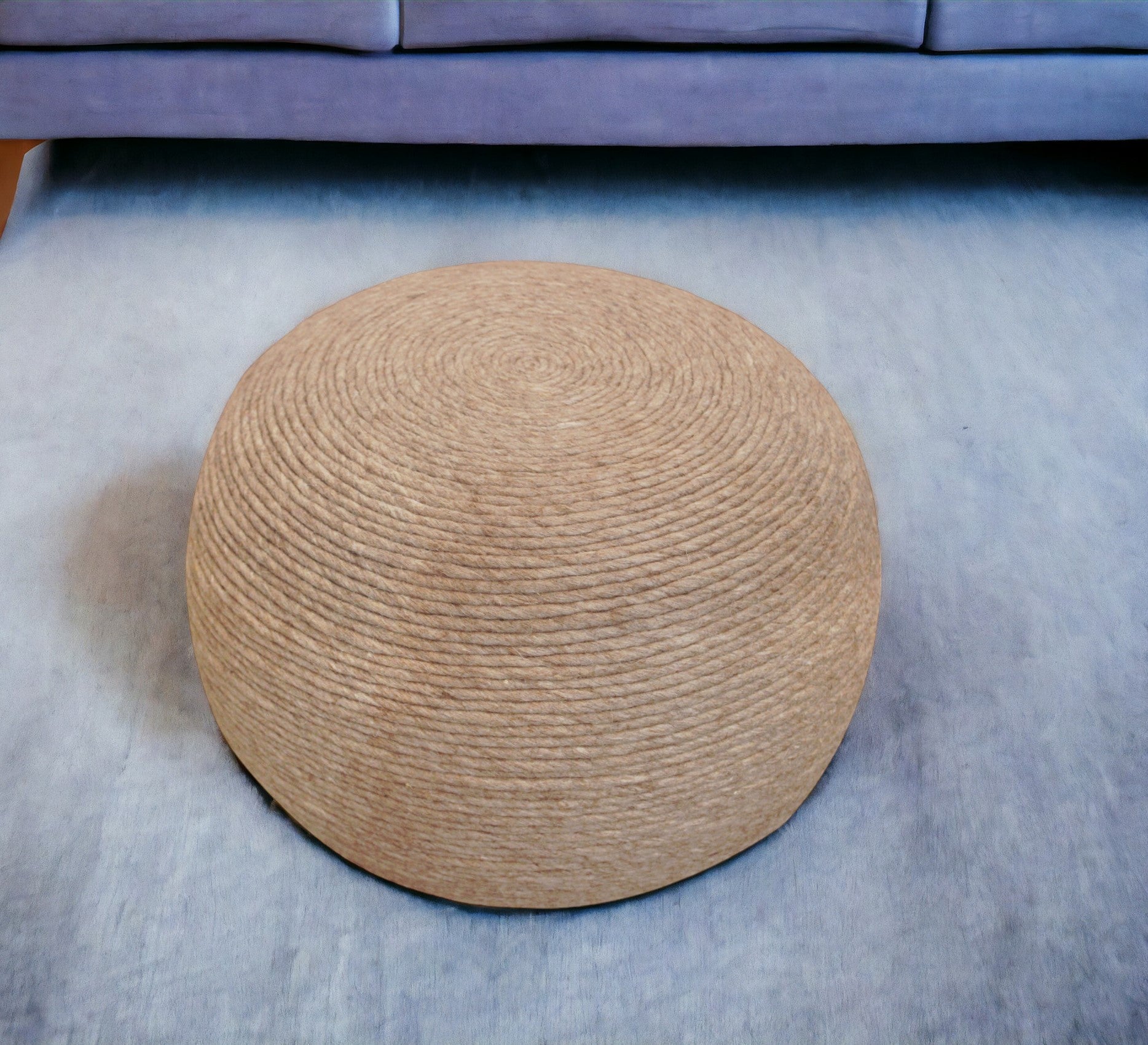 20 Beige Wool Round Ribbed Pouf Ottoman