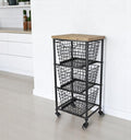 32 Black And Natural Metal And Wood Basket Storage Rolling Cabinet
