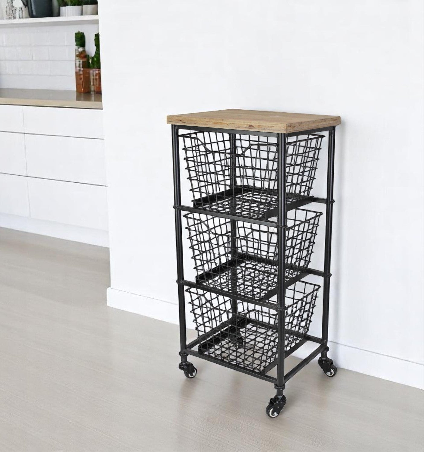 32 Black And Natural Metal And Wood Basket Storage Rolling Cabinet